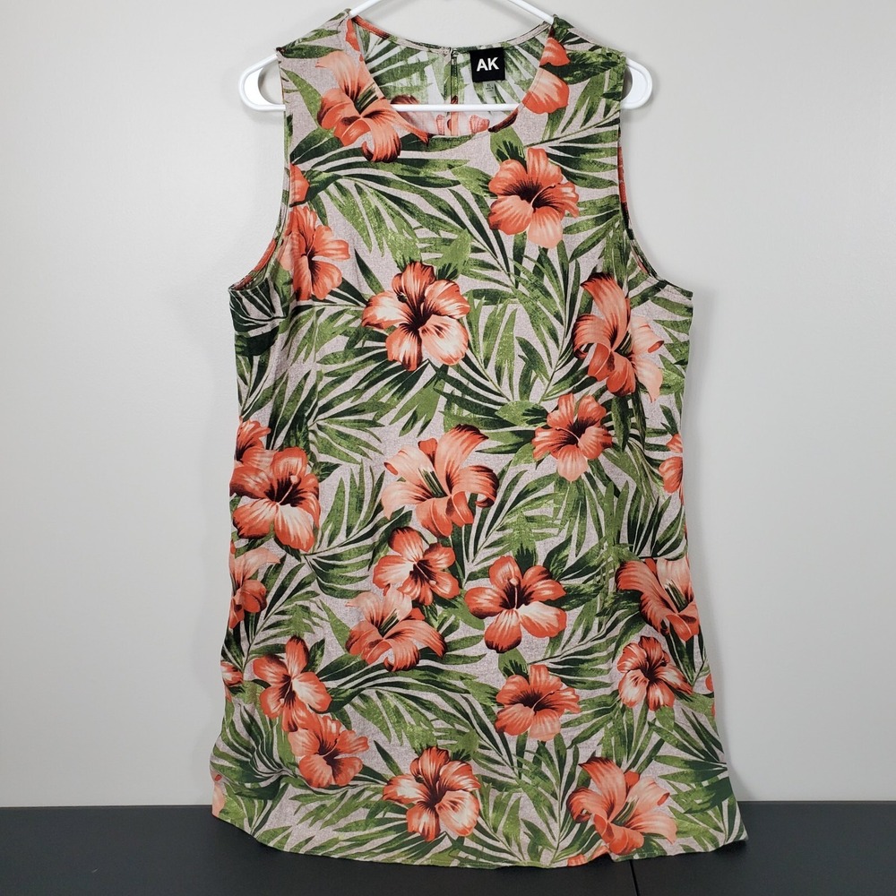 Anne Klein Linen Blend Sleeveless Palm Floral Botanical Print Shift Dress Sz XL
